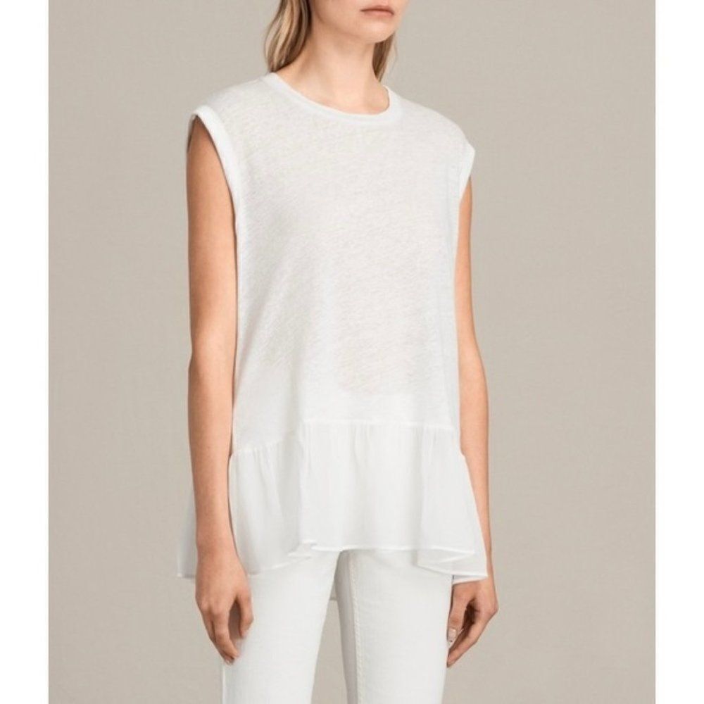 All Saints White Jody Cap Sleeve Linen Burnout Peplum Ruffle Top XS